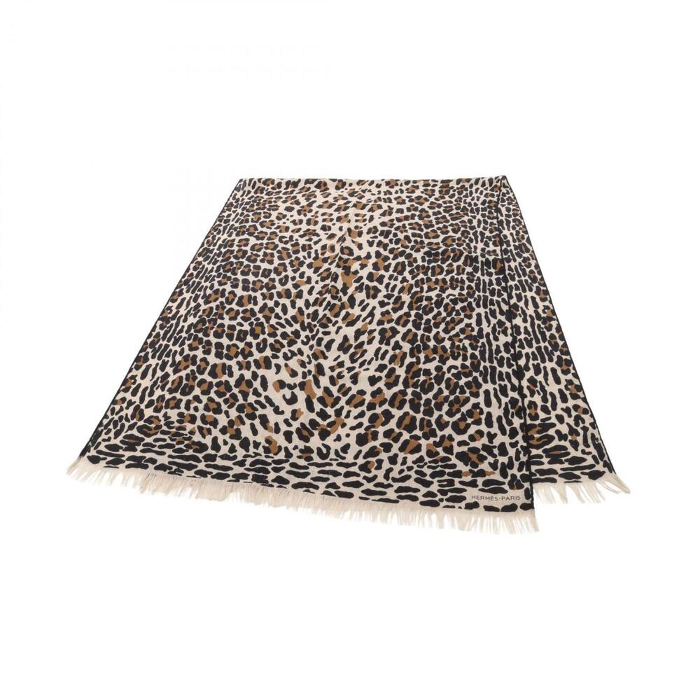 Hermes leopard print stole, silk, cashmere, women's, beige, black, brown. - Picture 1 of 10